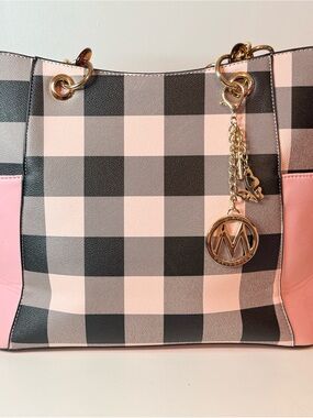 Mia K Collection Pink and Black Plaid Tote with Gold Charm